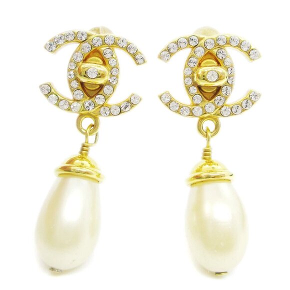 Chanel Turnlock Artificial Pearl Dangle Earrings Clip-On Rhinestone - Picture 1 of 4